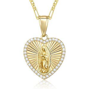 Catholic Virgin Mary Necklace 14K Gold Plated Guadalupe Pendant Womens Gift